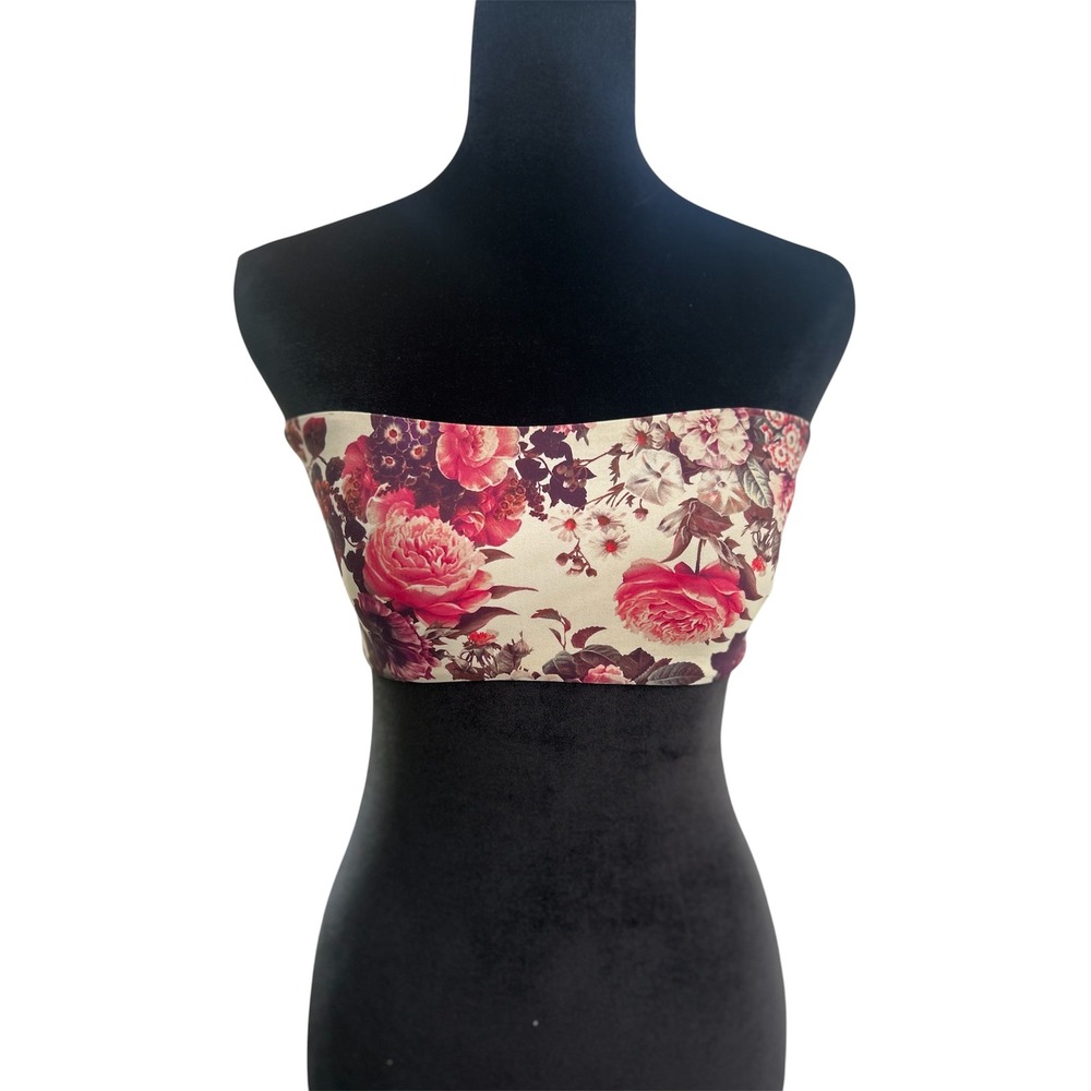 Boys + Arrows Floral Bandeau Bikini Top Pink Burgundy Strapless Swim Size M
